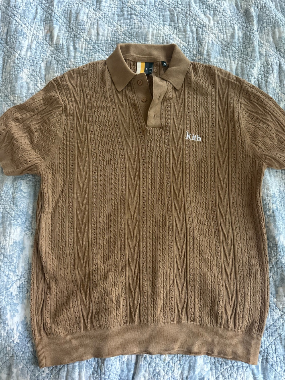 Kith Camel-Tone Cable Knit Polo with White Logo Medium - Picture 3 of 4